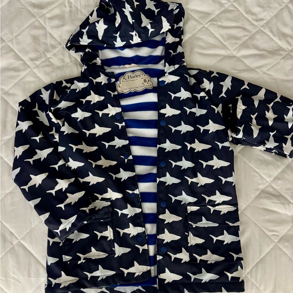Hatley Blue and White Sharks rain jacket coat size 8 boys